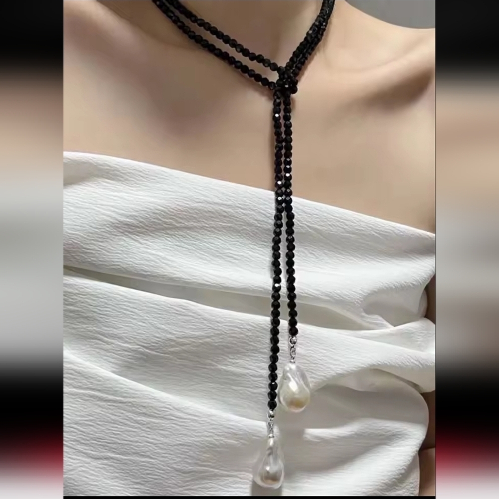 New! Baroque Pearl Lariat Necklace | Black Crystal Beaded Wrap Choker | NWOT